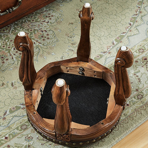 Genuine Leather Solid Wood Entry Bench, Vintage Round Stool, Solid Wood Ottoman, Rubberwood Entry Bench, Vanity Stool-LargePaintingArt.com