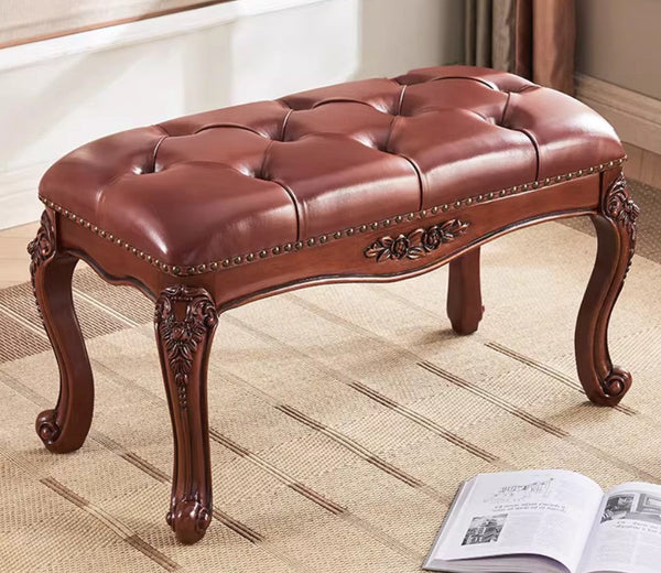 Dressing Table Stool, Rubber Wood Footstool, Vintage Chestnut Brown Leather Stool, Genuine Leather Solid Wood Entry Bench, Farmhouse Entryway Bench, Leather Lounge Chair Modern-LargePaintingArt.com