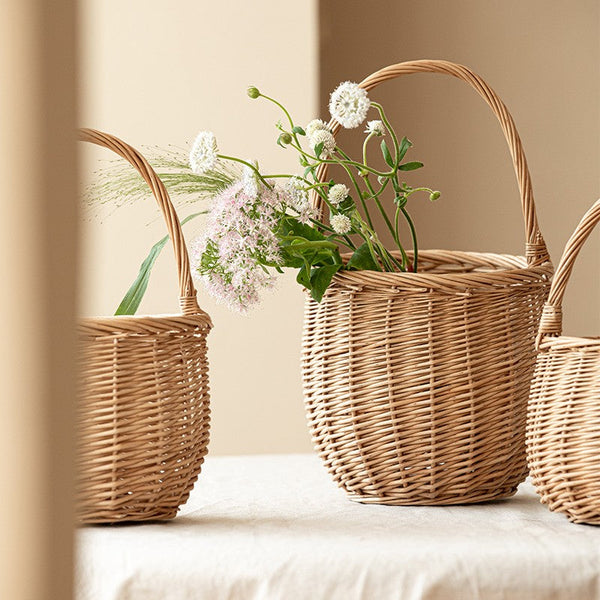 Wicker Storage Basket for Kitchen, Hand-woven Picnic Food Basket with Handle, Willow Weaving Baskets for Vegetable, Natural Fruit Basket, Storage Basket for Shelves