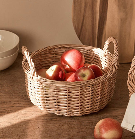Picnic Fruit Basket with Handle, Kitchen Storage Baskets, Natural Hand-woven Wicker Round Storage Basket, Lovely Willow Weaving Baskets for Vegetable, Natural Fruit Storage Basket-LargePaintingArt.com