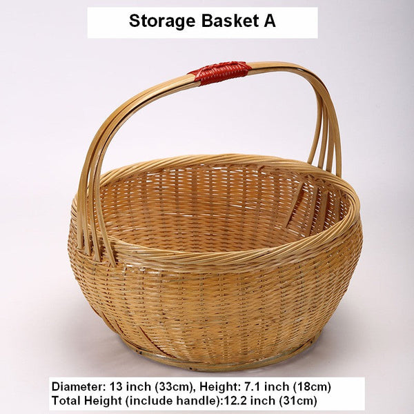 Natural Hand-woven Bamboo Basket, Natural Fruit Basket Kitchen Storage Baskets, Extra Large Picnic Food Basket with Handle, Lovely Bamboo Baskets for Vegetable-LargePaintingArt.com