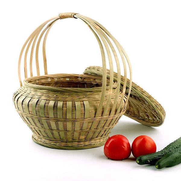 Picnic Food Basket with Handle, Large Natural Hand-woven Bamboo Basket, Natural Fruit Basket Lovely Bamboo Baskets for Vegetable, Kitchen Storage Baskets-LargePaintingArt.com