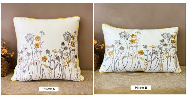 Simple Decorative Throw Pillows for Couch, Spring Flower Decorative Throw Pillows, Embroider Flower Cotton Pillow Covers, Farmhouse Sofa Decorative Pillows-LargePaintingArt.com
