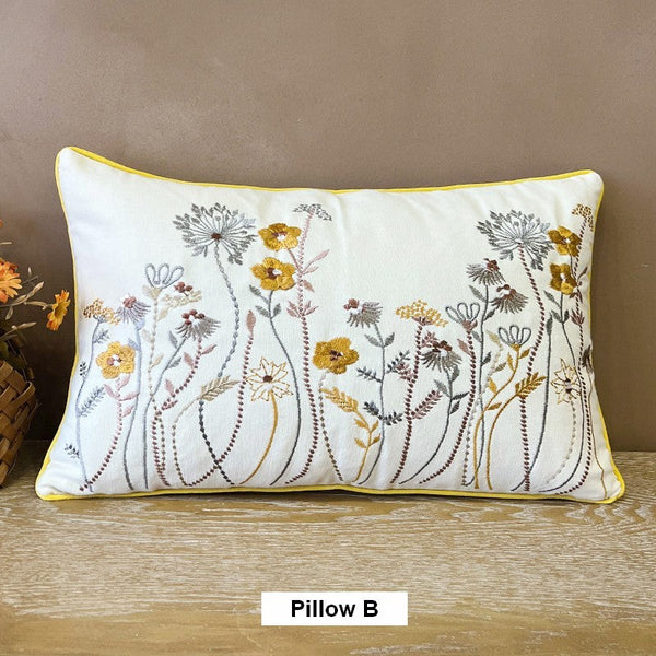 Simple Decorative Throw Pillows for Couch, Spring Flower Decorative Throw Pillows, Embroider Flower Cotton Pillow Covers, Farmhouse Sofa Decorative Pillows-LargePaintingArt.com