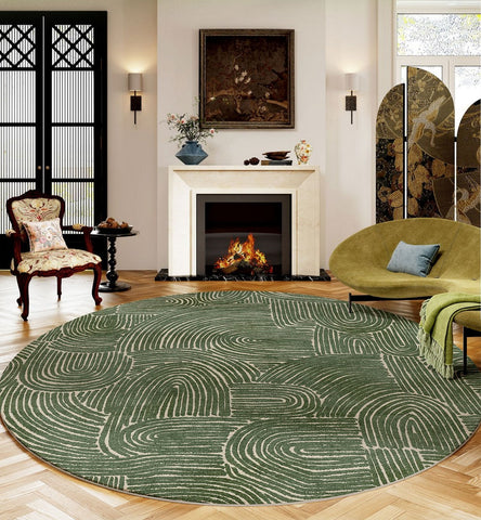 Green Contemporary Modern Rugs, Geometric Round Rugs for Dining Room, Mid Century Round Modern Rugs under Chairs, Bedroom Abstract Modern Area Rugs-LargePaintingArt.com