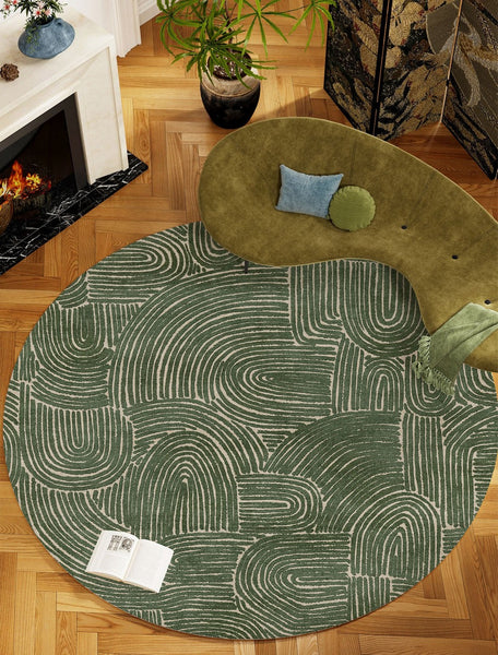 Green Contemporary Modern Rugs, Geometric Round Rugs for Dining Room, Mid Century Round Modern Rugs under Chairs, Bedroom Abstract Modern Area Rugs-LargePaintingArt.com