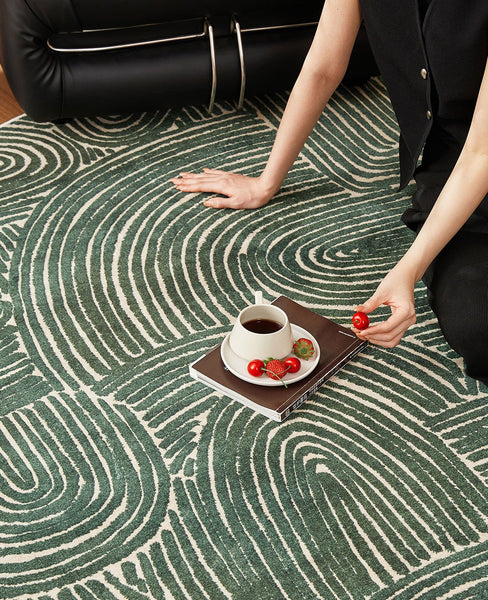 Green Contemporary Modern Rugs, Geometric Round Rugs for Dining Room, Mid Century Round Modern Rugs under Chairs, Bedroom Abstract Modern Area Rugs-LargePaintingArt.com