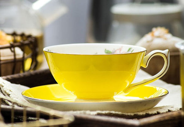 Elegant Yellow Ceramic Cups, Unique Royal Coffee Cup and Saucer, Beautiful British Tea Cups, Creative Bone China Porcelain Tea Cup Set-LargePaintingArt.com