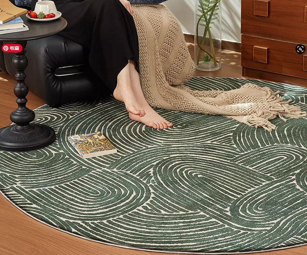 Green Contemporary Modern Rugs, Geometric Round Rugs for Dining Room, Mid Century Round Modern Rugs under Chairs, Bedroom Abstract Modern Area Rugs-LargePaintingArt.com