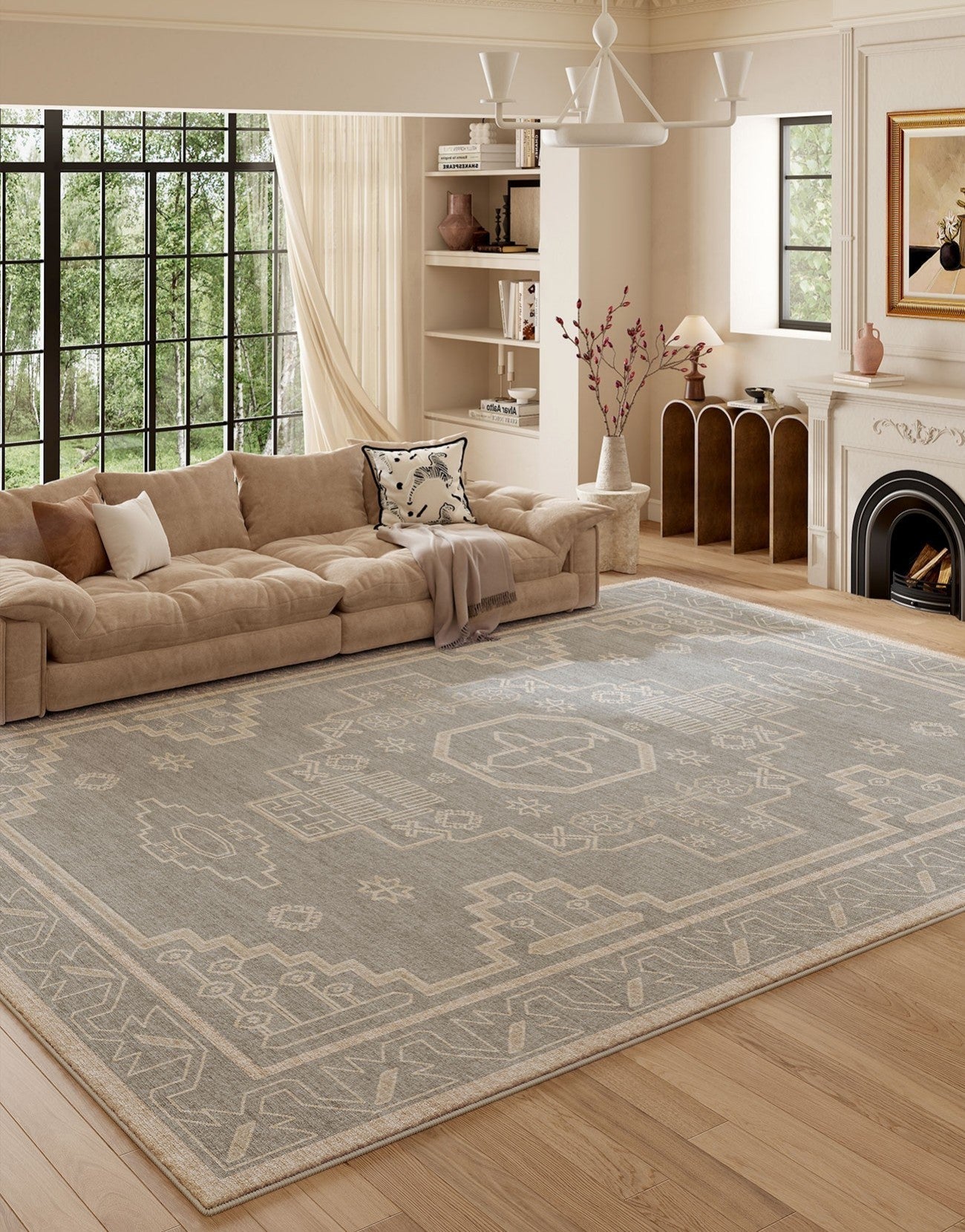 Contemporary Abstract Rugs Next to Bed, Geometric Modern Carpets for Office, Vintage Soft Turkish Rug for Living Room, Large Modern Rugs under Dining Room Table-LargePaintingArt.com