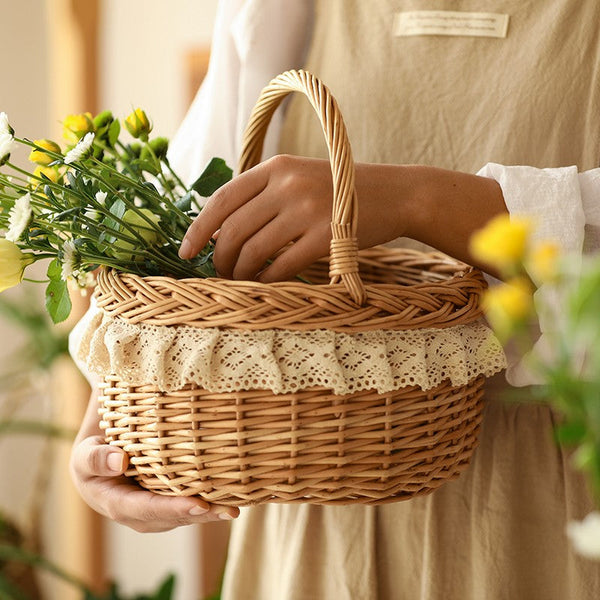 Storage Basket for Shelves, Picnic Storage Basket with Handle, Hand-woven Wicker Storage Basket, Natural Fruit Basket, Willow Weaving Baskets for Kitchen