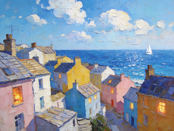 Seaside Township Serene Panorama, Small Landscape Paintings, Landscape Wall Art for Dining Room, Hand Painted Canvas Art, Original Oil Paintings-LargePaintingArt.com