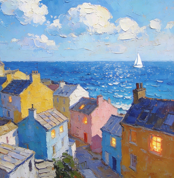 Seaside Township Serene Panorama, Small Landscape Paintings, Landscape Wall Art for Dining Room, Hand Painted Canvas Art, Original Oil Paintings-LargePaintingArt.com