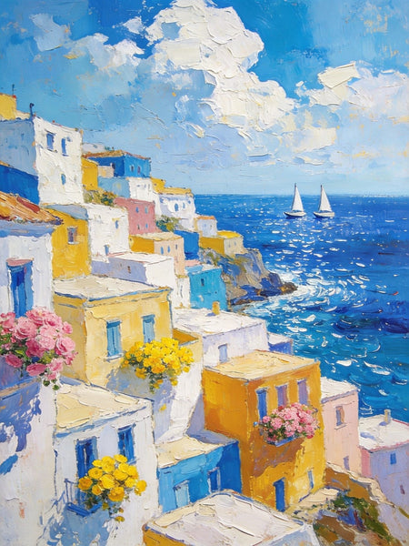 Coatal Village Serenity, Seashore Paintings, Original Artwork, Small Oil Paintings, Hand Painted Canvas Wall Art, Heavy Texture Artwork, Small Canvas Paintings-LargePaintingArt.com