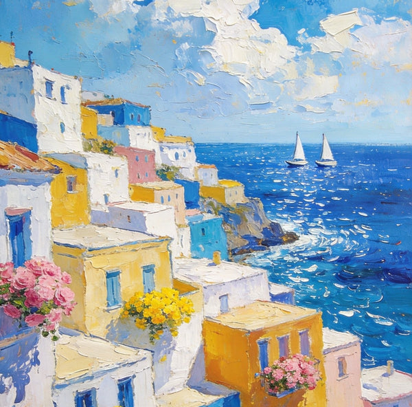 Coatal Village Serenity, Seashore Paintings, Original Artwork, Small Oil Paintings, Hand Painted Canvas Wall Art, Heavy Texture Artwork, Small Canvas Paintings-LargePaintingArt.com