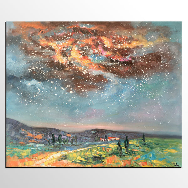 Landscape Oil Painting, Starry Night Sky Painting, Heavy Texture Painting, Custom Abstract Painting-LargePaintingArt.com