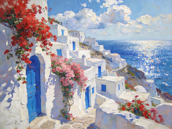 Bougainvillea's Aegean Embrace, Hand Painted Canvas Art, Small Landscape Paintings, Landscape Wall Art for Dining Room, Original Oil Paintings-LargePaintingArt.com