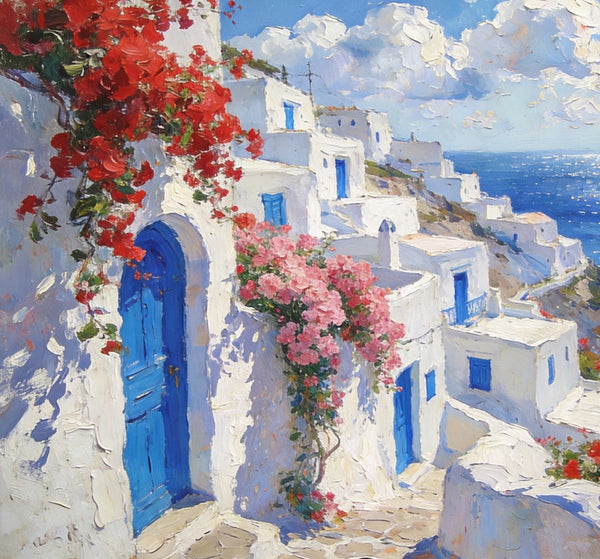 Bougainvillea's Aegean Embrace, Hand Painted Canvas Art, Small Landscape Paintings, Landscape Wall Art for Dining Room, Original Oil Paintings-LargePaintingArt.com