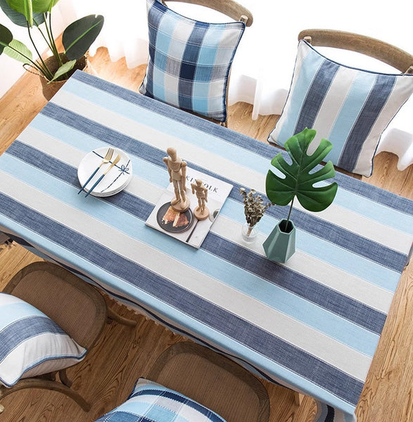 Blue Stripe Rectangular Tablecloth for Oval Table, Cotton and Linen Tablecloths, Rectangular Table Covers for Coffee Table, Modern Table Cloths for Dining Room-LargePaintingArt.com