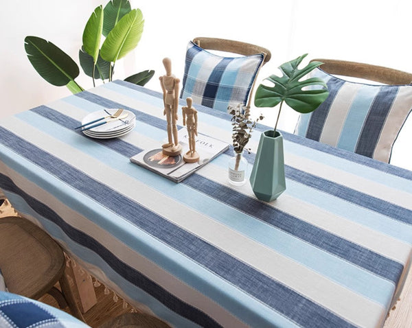Blue Stripe Rectangular Tablecloth for Oval Table, Cotton and Linen Tablecloths, Rectangular Table Covers for Coffee Table, Modern Table Cloths for Dining Room-LargePaintingArt.com