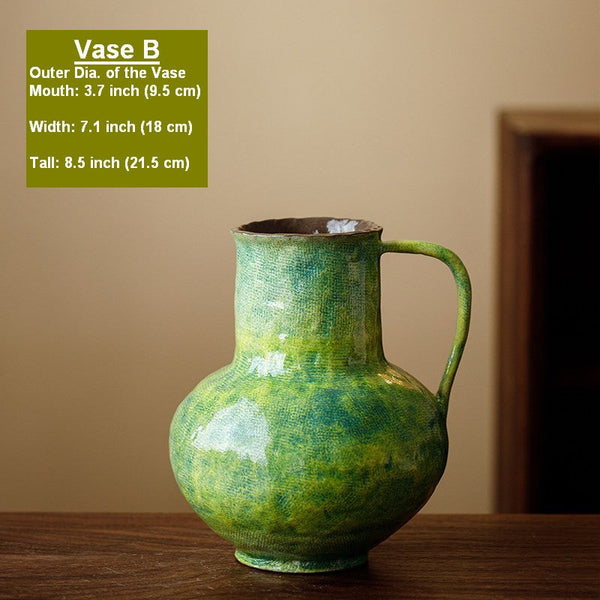 Modern Pottery Flower Vases, Handmade Water Holding Flower Vases, Pottery Bud Vases, Large Green Flower Vases on Table, Centerpiece on Dining Table-LargePaintingArt.com