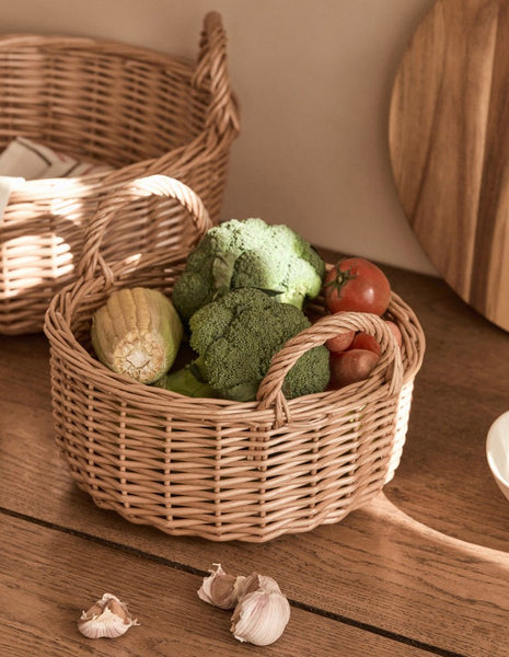 Picnic Fruit Basket with Handle, Kitchen Storage Baskets, Natural Hand-woven Wicker Round Storage Basket, Lovely Willow Weaving Baskets for Vegetable, Natural Fruit Storage Basket-LargePaintingArt.com