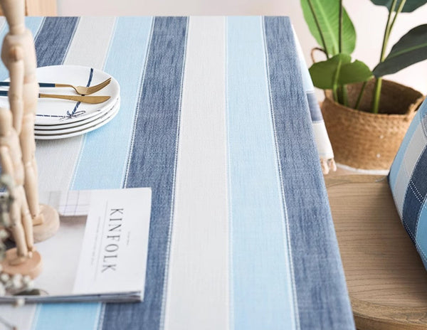Blue Stripe Rectangular Tablecloth for Oval Table, Cotton and Linen Tablecloths, Rectangular Table Covers for Coffee Table, Modern Table Cloths for Dining Room-LargePaintingArt.com