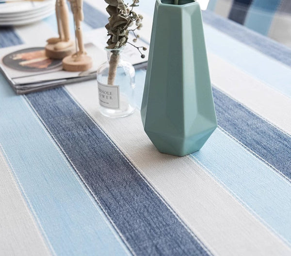 Blue Stripe Rectangular Tablecloth for Oval Table, Cotton and Linen Tablecloths, Rectangular Table Covers for Coffee Table, Modern Table Cloths for Dining Room-LargePaintingArt.com