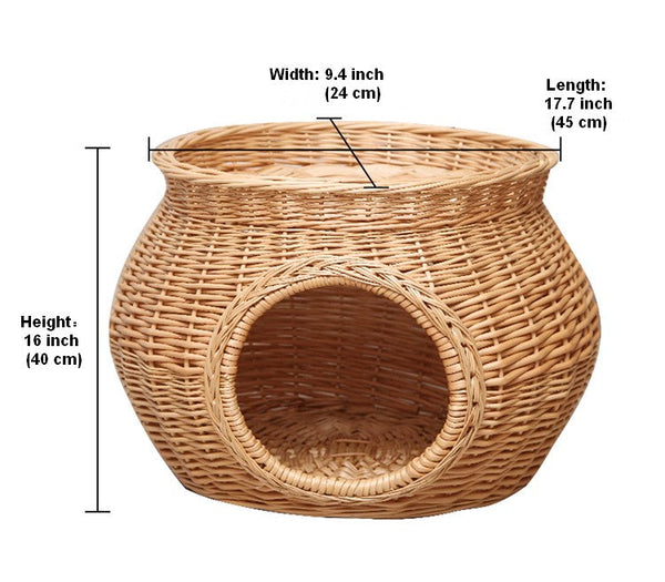 Wicker Cat House Basket with Washable Cushion for Indoor Cats and Dogs, Rattan Cat Bed-LargePaintingArt.com