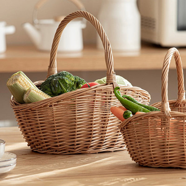 Natural Hand-woven Wicker Storage Basket, Large Picnic Food Basket with Handle, Lovely Willow Weaving Baskets for Vegetable, Natural Fruit Basket, Kitchen Storage Baskets-LargePaintingArt.com
