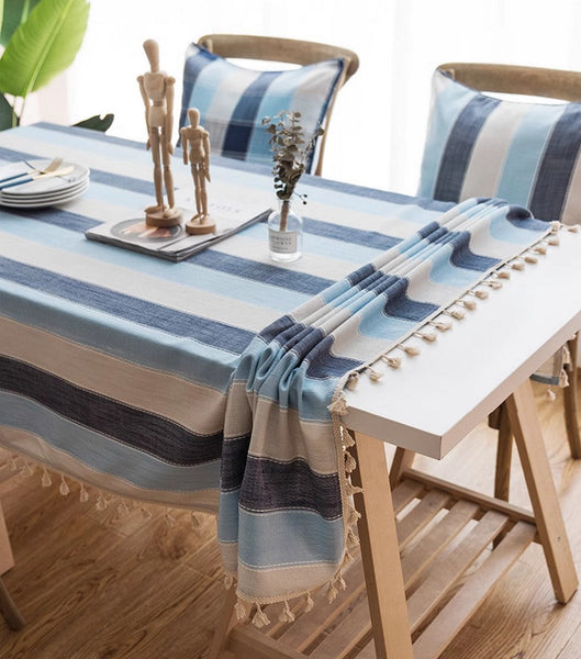 Blue Stripe Rectangular Tablecloth for Oval Table, Cotton and Linen Tablecloths, Rectangular Table Covers for Coffee Table, Modern Table Cloths for Dining Room-LargePaintingArt.com