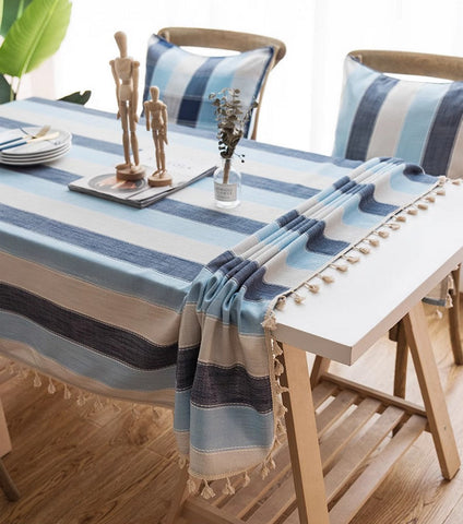 Blue Stripe Rectangular Tablecloth for Oval Table, Cotton and Linen Tablecloths, Rectangular Table Covers for Coffee Table, Modern Table Cloths for Dining Room-LargePaintingArt.com