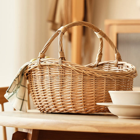 Large Kitchen Storage Baskets, Picnic Storage Basket with Handle, Hand-woven Wicker Storage Basket, Willow Weaving Baskets for Vegetable, Natural Fruit Basket-LargePaintingArt.com
