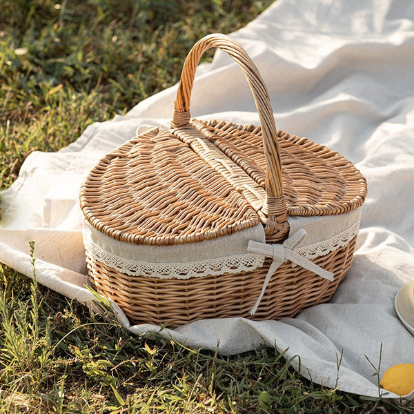 Picnic Storage Basket with Handle, Extra Large Kitchen Storage Baskets, Natural Hand-woven Wicker Storage Basket, Lovely Willow Weaving Baskets for Vegetable, Natural Fruit Storage Baskets-LargePaintingArt.com