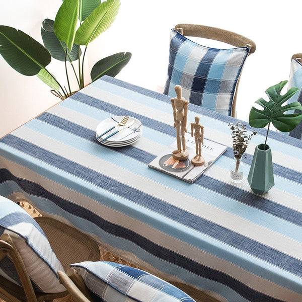 Blue Stripe Rectangular Tablecloth for Oval Table, Cotton and Linen Tablecloths, Rectangular Table Covers for Coffee Table, Modern Table Cloths for Dining Room-LargePaintingArt.com