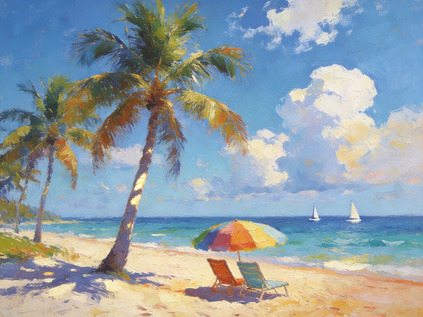 Tropical Coastal Charm, Buy Painting Online, Seashore Beach Paintings, Small Oil Paintings, Original Landscape Paintings, Hand Painted Canvas Art, Heavy Texture Artwork-LargePaintingArt.com