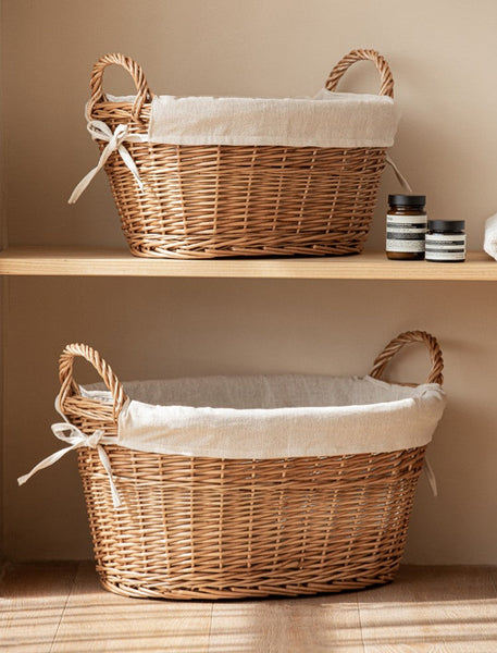 Large Kitchen Round Storage Baskets, Large Food Storage Basket with Handle, Natural Hand-woven Wicker Storage Basket for Clothes, Willow Weaving Baskets for Toys-LargePaintingArt.com