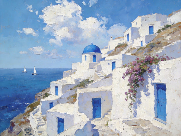 Landscape Wall Art Paintings, Santorini's Seaside Symphony, Hand Painted Canvas Art, Small Original Oil Paintings, Landscape Paintings for Living Room-LargePaintingArt.com