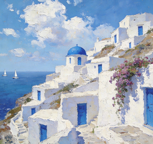 Landscape Wall Art Paintings, Santorini's Seaside Symphony, Hand Painted Canvas Art, Small Original Oil Paintings, Landscape Paintings for Living Room-LargePaintingArt.com