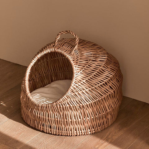 Indoor Cat Bed, Natural Wicker Cat House Basket with Washable Cushion for Indoor Cats and Dogs-LargePaintingArt.com