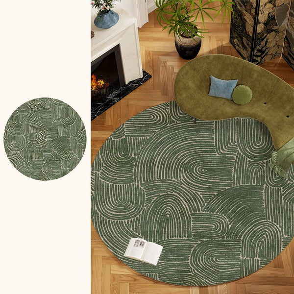 Green Contemporary Modern Rugs, Geometric Round Rugs for Dining Room, Mid Century Round Modern Rugs under Chairs, Bedroom Abstract Modern Area Rugs-LargePaintingArt.com