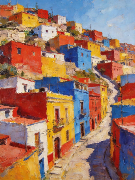 Guanajuato's Luminous Color Town, Original Wall Art Paintings, Hand Painted Canvas Wall Art, Heavy Texture Artwork, Small Oil Paintings-LargePaintingArt.com