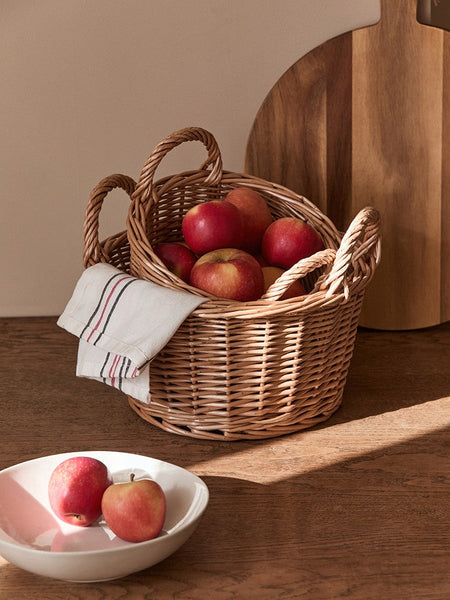 Large Picnic Fruit Basket with Handle, Natural Hand-woven Wicker Round Storage Basket, Lovely Willow Weaving Baskets for Vegetable, Natural Fruit Storage Basket, Kitchen Storage Baskets-LargePaintingArt.com