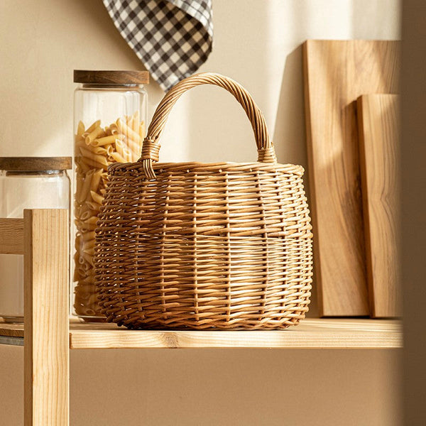 Storage Basket for Kitchen, Picnic Storage Basket with Handle, Hand-woven Wicker Storage Basket, Natural Fruit Basket, Willow Weaving Baskets for Vegetable