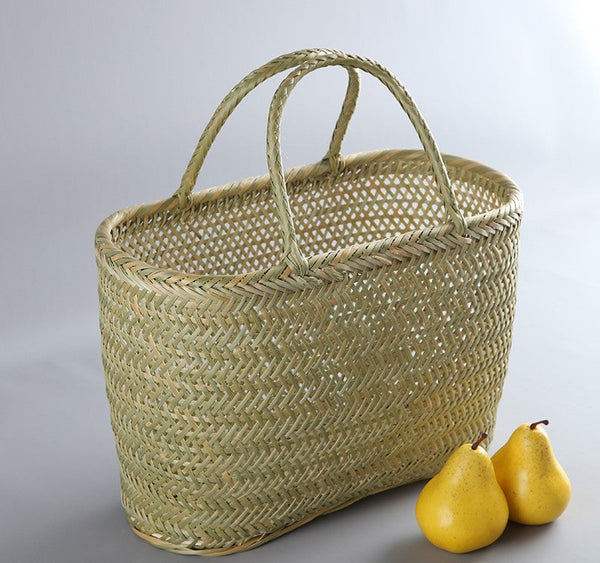 Natural Fruit Basket Kitchen Storage Baskets, Lovely Bamboo Baskets for Vegetable, Picnic Food Basket with Handle, Large Natural Hand-woven Bamboo Basket-LargePaintingArt.com