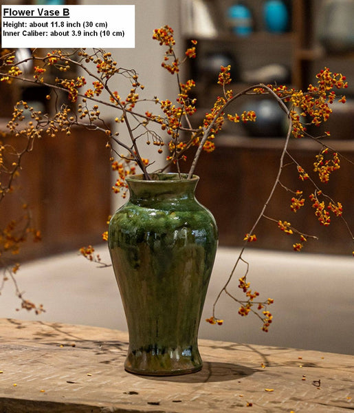 Ceramic Bouquet Vases, Green Flower Vases on Table, Porcelain Flower Vases, Dining Table Centerpiece, Handmade Water Holding Flower Vase-LargePaintingArt.com