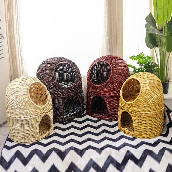 Large Double-Layer Cat Bed, Wicker Cat House Basket with Washable Cushion for Indoor Cats and Dogs-LargePaintingArt.com