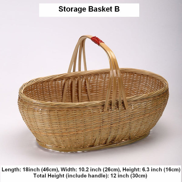Natural Hand-woven Bamboo Basket, Natural Fruit Basket Kitchen Storage Baskets, Extra Large Picnic Food Basket with Handle, Lovely Bamboo Baskets for Vegetable-LargePaintingArt.com
