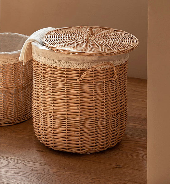 Hand-woven Wicker Storage Basket for Clothes, Large Round Storage Basket for Clothes, Willow Weaving Baskets for Clothes, Extra Large Kitchen Storage Baskets-LargePaintingArt.com