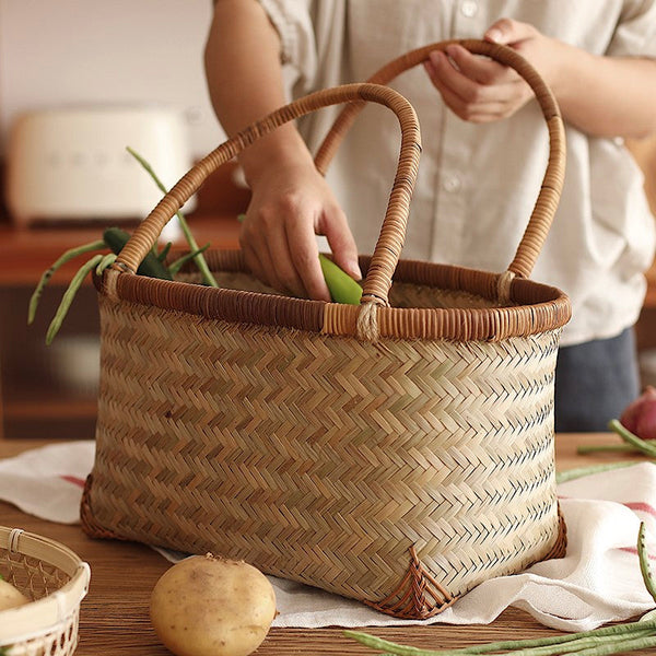 Storage Basket with Handle, Large Kitchen Storage Baskets, Natural Hand-woven Bamboo Storage Basket, Lovely Bamboo Weaving Baskets for Vegetable, Picnic Fruit Storage Baskets